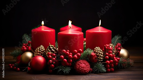 Handmade modern advent wreath with four candles lit every Sunday before Christmas. Traditional diy xmas decoration