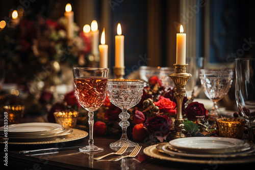 A luxurious dinner table set with lit candles, wine glasses, golden tableware, and red roses, conveying a warm, romantic ambiance.