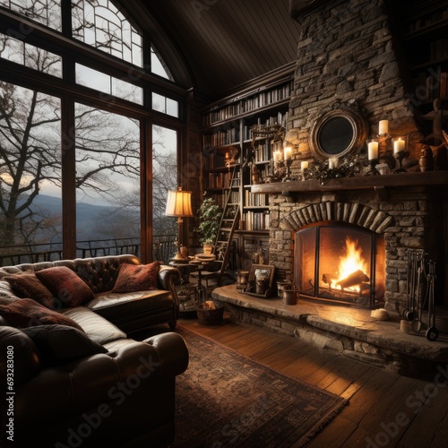 Home fireplace in warm living room on winter day