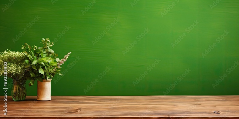 Wooden table against green wall