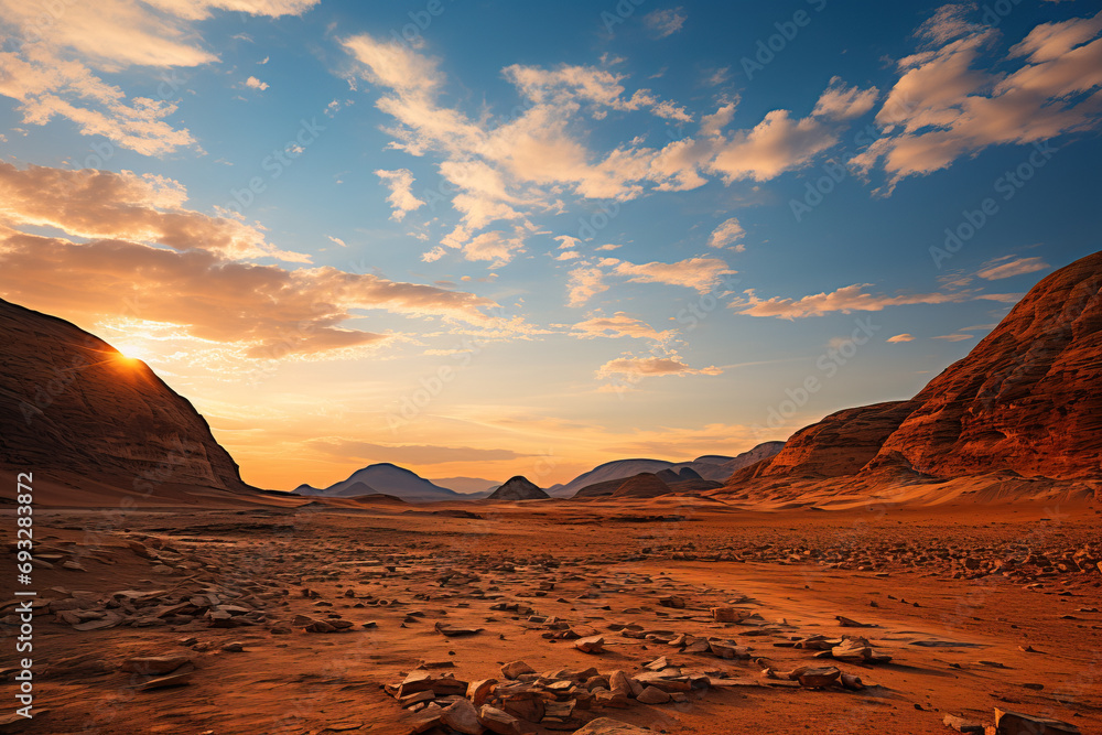 Golden hour sunset casting warm hues over a vast and tranquil desert landscape with sand dunes and rocky terrain.