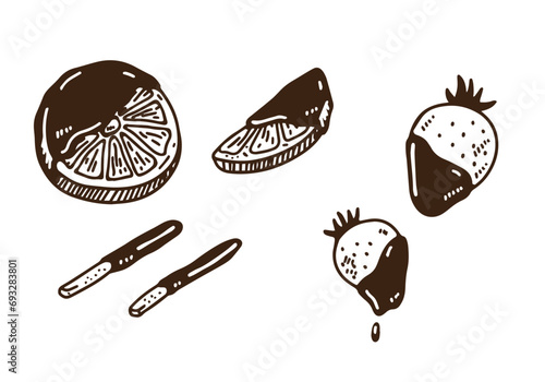 チョコレートをかけたフルーツの線画