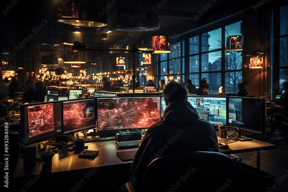 A person works attentively in a dimly-lit control room with multiple screens, monitoring surveillance in an urban environment.