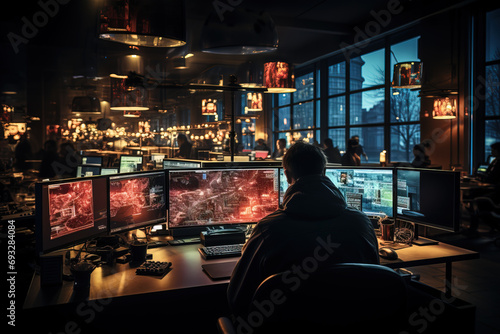 A person works attentively in a dimly-lit control room with multiple screens, monitoring surveillance in an urban environment.