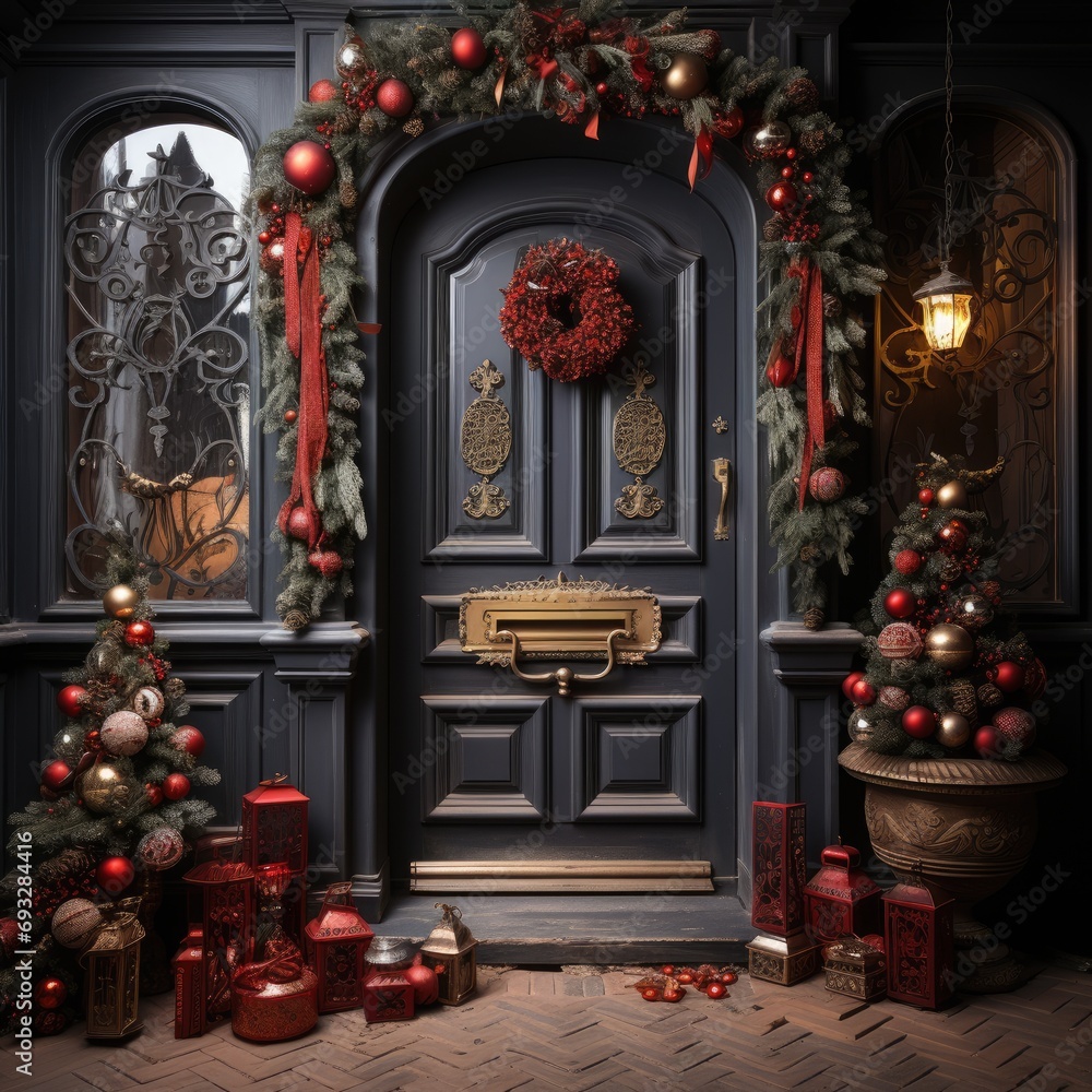 Red Wooden Front Door Decorated with Wreath, Garlands, Dwarfs, Gifts
