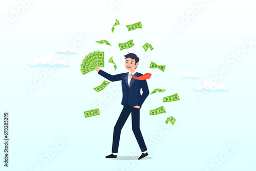 Happy businessman millionaire holding easy money banknotes as financial success, earn money make profit from investment, savings, income or salary increase, get rich and earn more wealth (Vector)