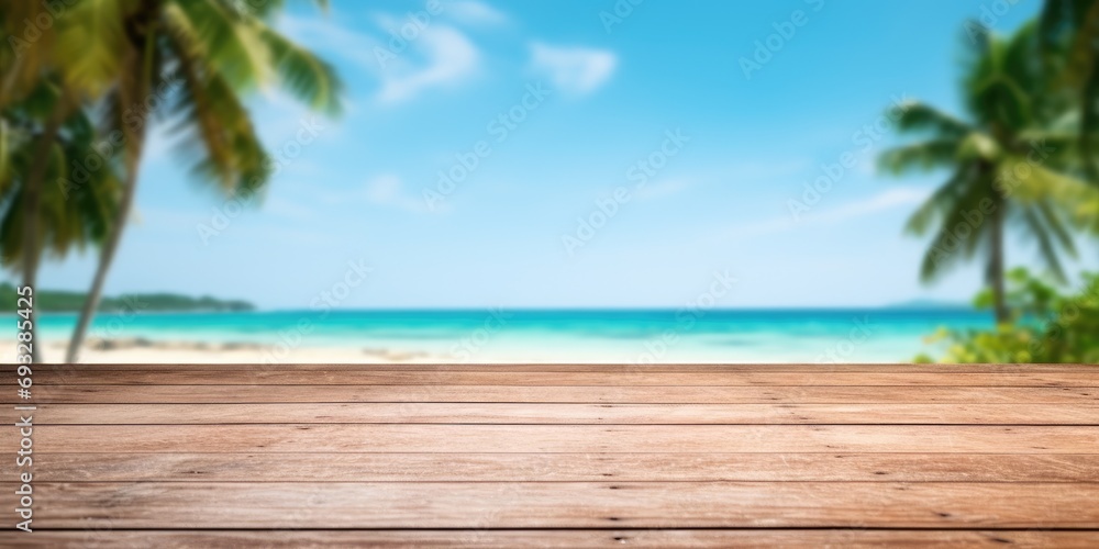 Montage of a tranquil tropical beach with a wooden table and space for product ad against a blurry sky and sea background.