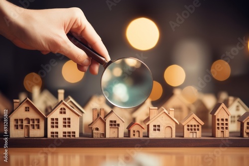 Magnifying glass on house model, real estate selection concept.