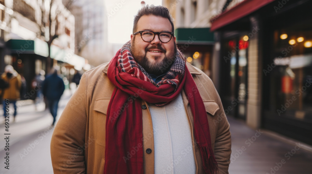 Plus size man wearing winter clothes in the street. Young bearded guy with modern hairstyle with coat, scarf