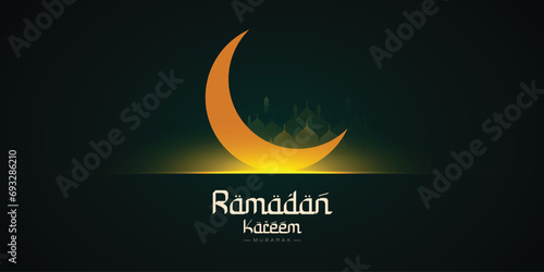 Ramadan Kareem festival wishes or greeting card Ramzan Islamic design with mosque, moon, shine green color social media banner, poster vector illustration