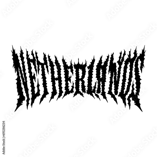 netherlands word with death metal font hand drawing vector isolated on background.