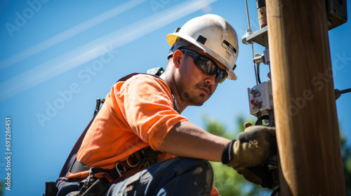 Electrician lineman repairman worker at climbing work on electric post power pole photo