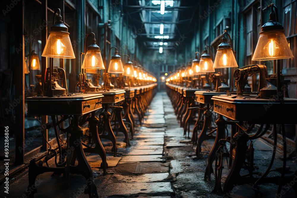 Symmetrical view of antique sewing machines in a vintage industrial workshop, warmly lit by hanging lamps.