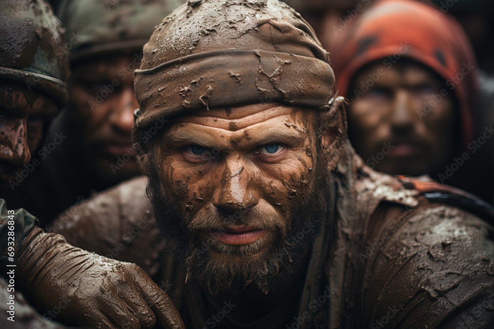 Close-up of a determined man with mud-covered face, leading a team facing a gritty challenge outdoors. Close-up of a determined man with mud-covered face, leading a team facing a gritty challenge outdoors.