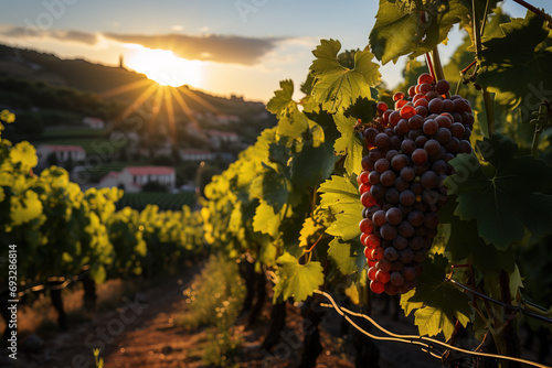 Ripe grapes hanging in a vineyard at sunset with golden sunlight and a scenic rural landscape.