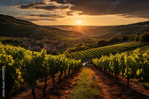 A picturesque vineyard at sunset  with sun rays beaming over rolling hills and a quaint village in the background.