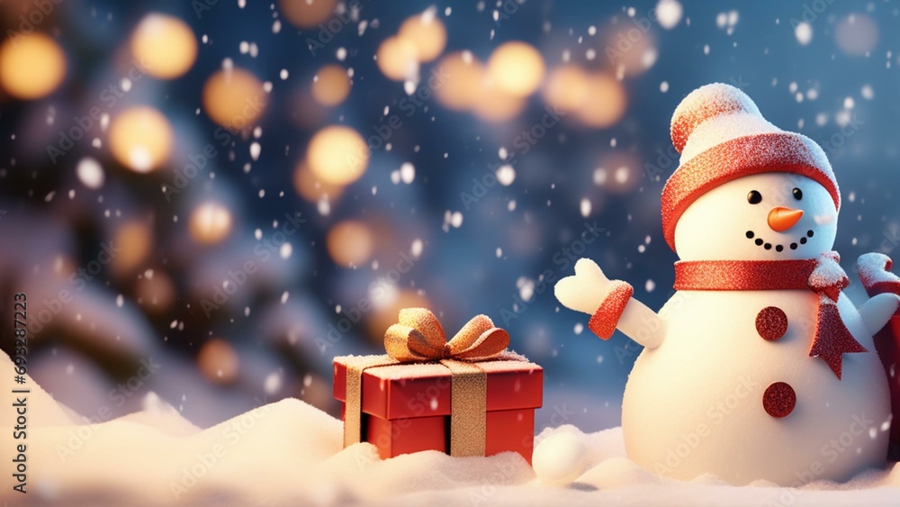 snowy snow man and presents christmas background cinematic lighting snowy snow man and presents christmas background cinematic lighting
