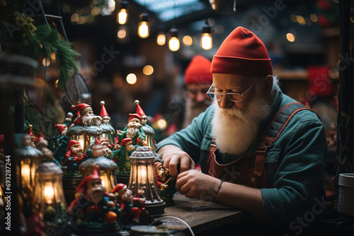 A person dressed as Santa Claus meticulously painting holiday decorations at a festive workshop with glowing lanterns and bokeh lights.