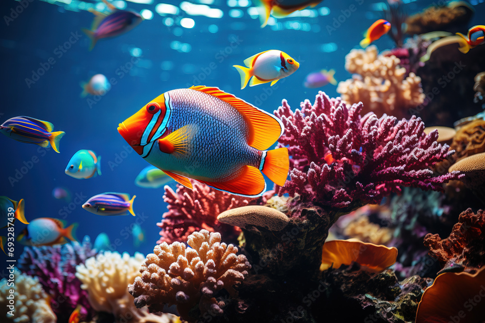 Naklejka premium Colorful tropical fish swim around coral reefs in a well-lit marine aquarium, showcasing underwater biodiversity.