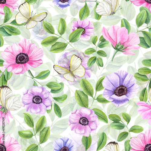 Seamless pattern with anemone flowers, green leaves and butterflies. Clitoria, acacia or tea leaf. White cabbage. Floral composition. Watercolor illustration on white. For textile, poster, template