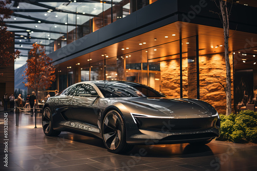 Futuristic luxury car on display in a showroom with elegant lighting and stylish design. © 22Imagesstudio