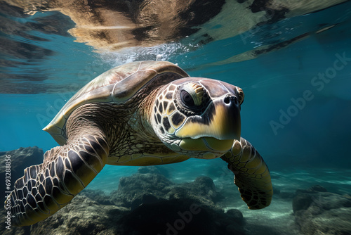 Snorkeler observing a sea turtle. © 22Imagesstudio