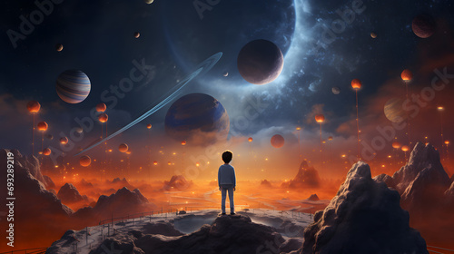 fantasy illustration, a boy looking at the starry sky and universe, child dream and hope concept.