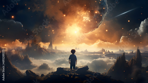 fantasy illustration, a boy looking at the starry sky and universe, child dream and hope concept. #693289275
