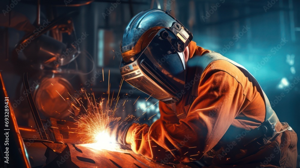 Welder model fabrication industry uses a welding mask and rubber gloves, with a welding flame that burns brightly. Welder model fabrication industry uses a welding mask and rubber gloves, with a welding flame that burns brightly.