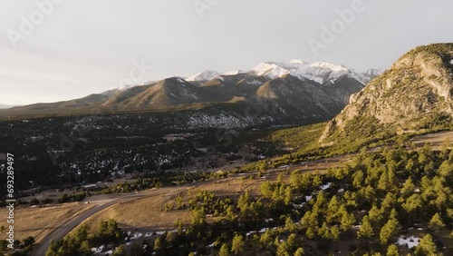 Drone slowly approaching Mount Antero in the Rocky Mountains in Colorado during sunrise photo