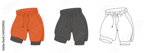 Sports woman black two in one shorts vector illustration in two variations. Clothes fashion flat design isolated on a white background. For sports product design, stickers and templates