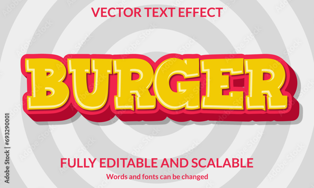 Burger 3D editable text effect typography vector template
