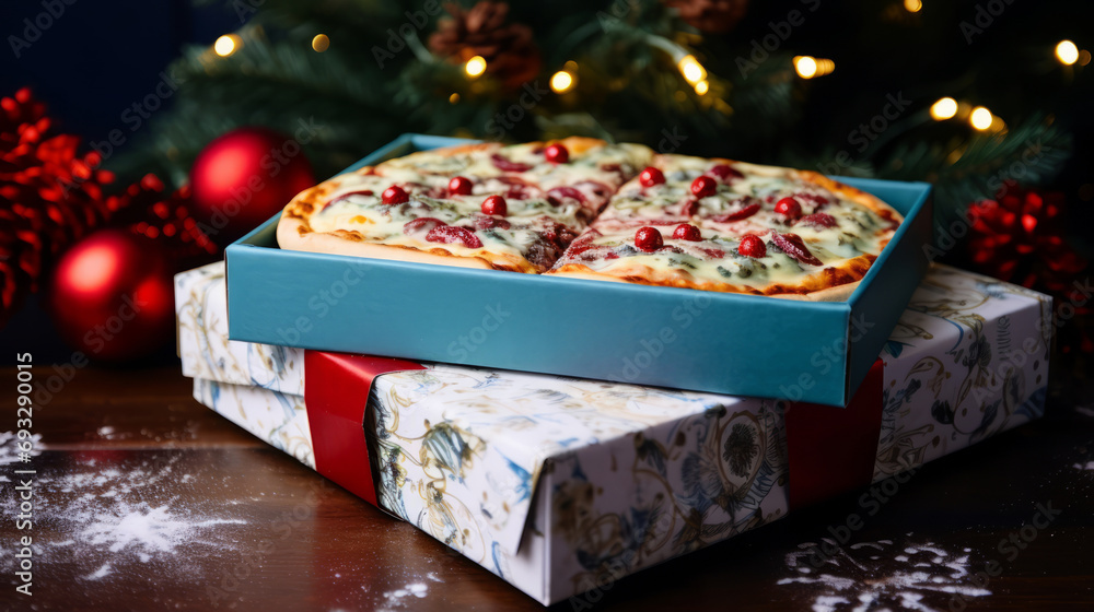 Cranberry Delight Pizza on Festive Gift Box Stack in holiday season Cranberry Delight Pizza on Festive Gift Box Stack in holiday season