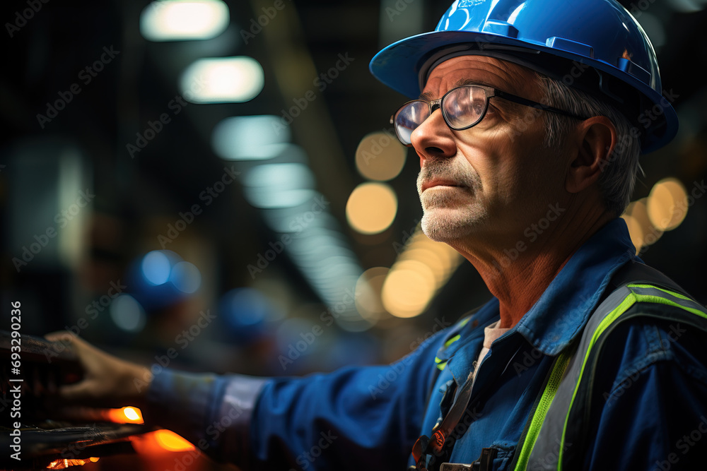 Mature factory worker in safety gear operating machinery with focus and precision in an industrial environment. Mature factory worker in safety gear operating machinery with focus and precision in an industrial environment.