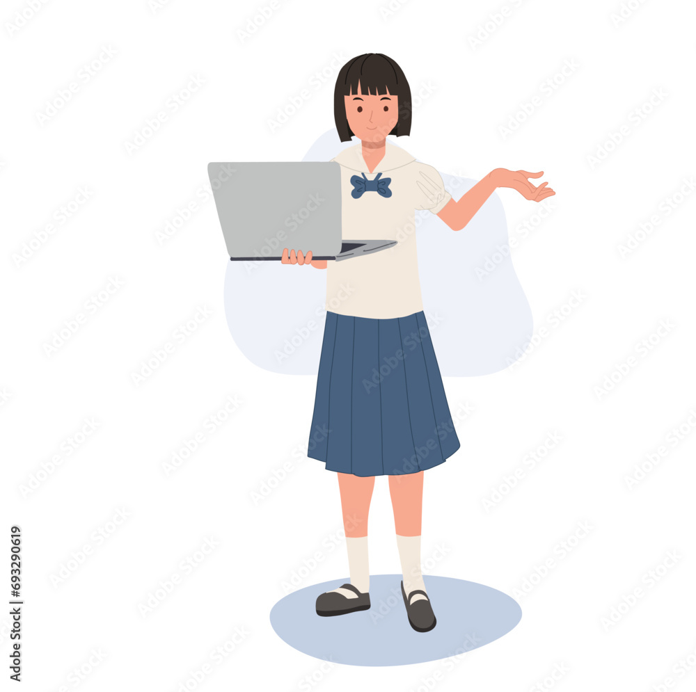 E-Learning Concept, School Technology. Thai Student in Uniform Using Laptop for Presentation. E-Learning Concept, School Technology. Thai Student in Uniform Using Laptop for Presentation.