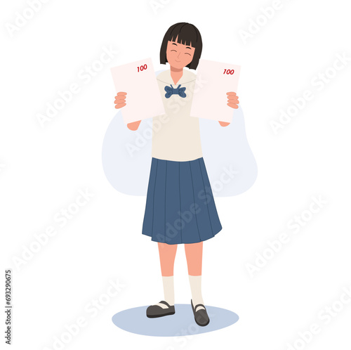  Success in Education concept. Happy Thai Student in Uniform Achieves Full Score on Exam