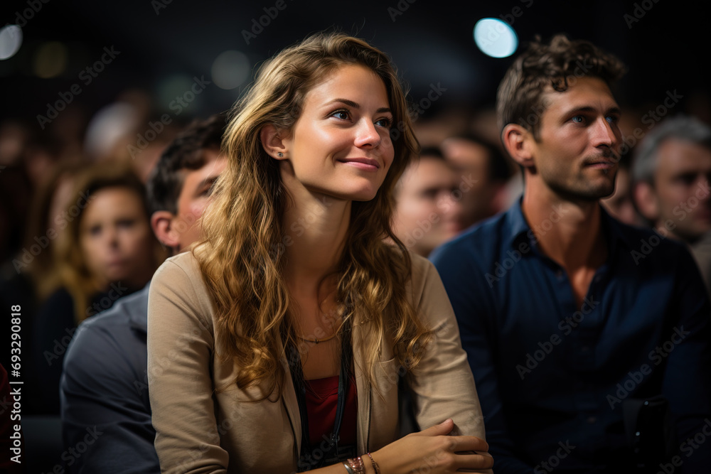 Smiling young woman in the audience at a conference looking upwards with attentive anticipation, surrounded by focused attendees.