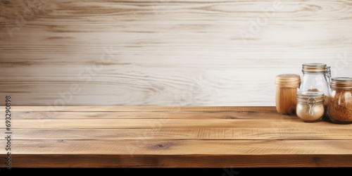 Wooden table background with empty desk top, wood counter, and shelf for product display and food background.
