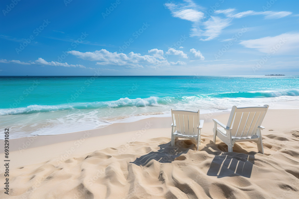 Two lounge chairs facing the turquoise ocean on a pristine sandy beach under a clear blue sky, embodying relaxation and paradise.