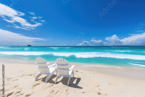 Two white chairs facing the turquoise ocean under clear blue skies on a sandy beach, depicting a serene tropical paradise. © 22Imagesstudio