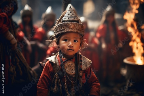 Child in traditional attire at cultural festival. Cultural heritage and identity.