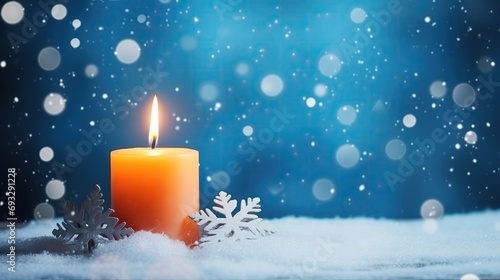 Glowing Candle Amidst Winter Snow, New Year Background, Copy Space