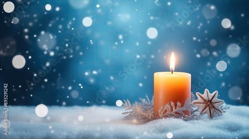 Glowing Candle In Snowy Serenity, New Year Background, Copy Space