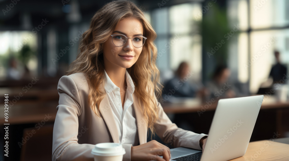 Woman lawyer sitting with laptop at desk in office. Generative AI. Woman lawyer sitting with laptop at desk in office. Generative AI.