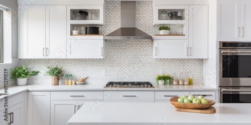 Modern kitchen with white cabinets, stainless steel appliances, and tiled backsplash. photo