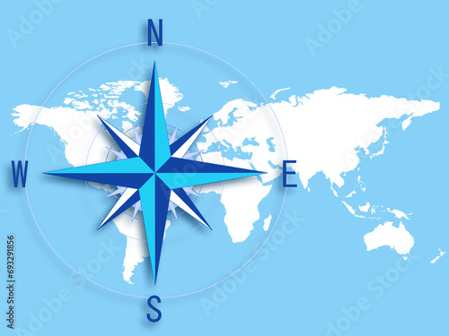 青のバックに白抜きの世界地図とジャイロコンパス
