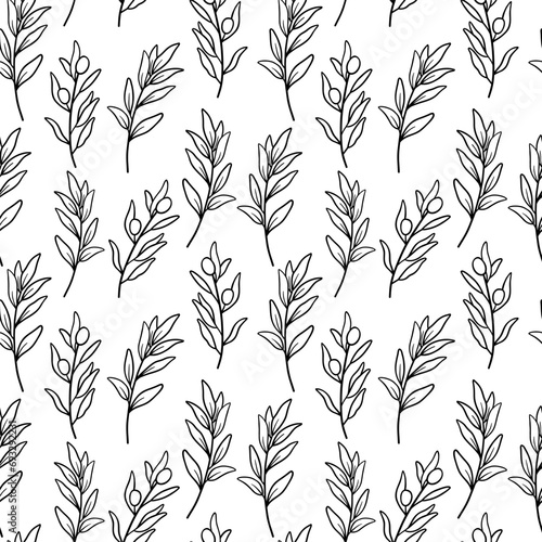 Floral monochrome seamless pattern with outline leaves. Doodle outline plants on white background