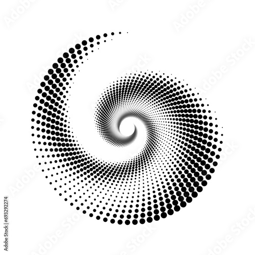 Dotted spiral lines element. Radial spinning halftone form. Circle swirl dots shape. Abstract geometric background for poster, banner, logo, icon, collage, brochure, presentation, booklet. Vector sign