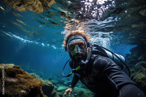 Man in scuba gear explores underwater world with clear waters and rocky terrain, capturing the serene essence of the aquatic environment. © 22Imagesstudio