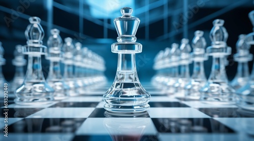 Strategic Glass Chess Setup Highlighting the King. Generative ai photo